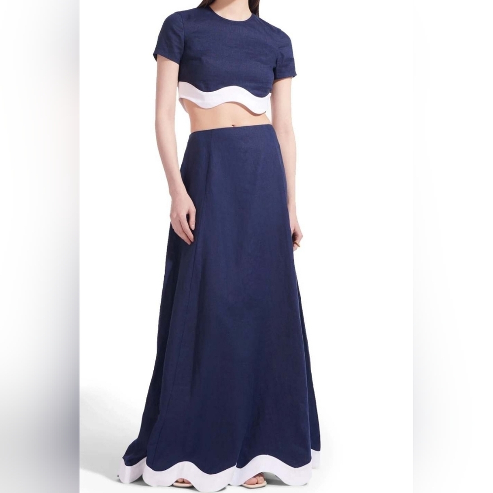 Staud Luciana Navy White Linen Long Maxi Skirt Size 2 - Picture 1 of 11